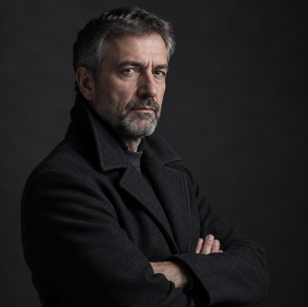 Portrait of a middle-aged Croatian male writer in a dark coat