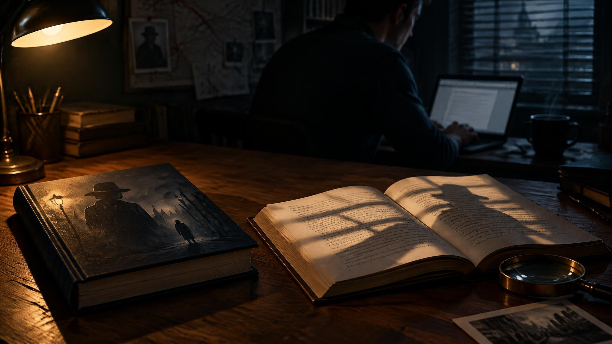 mystery novel on wooden desk