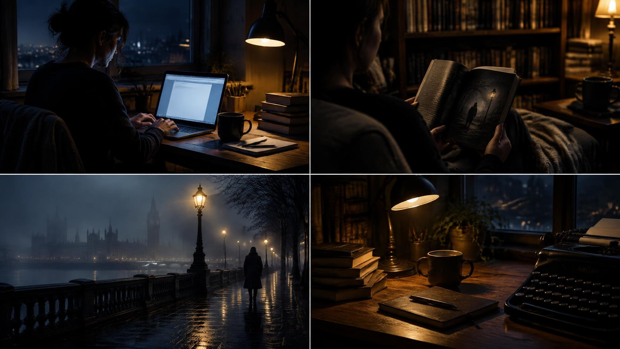 writer typing on laptop at night
