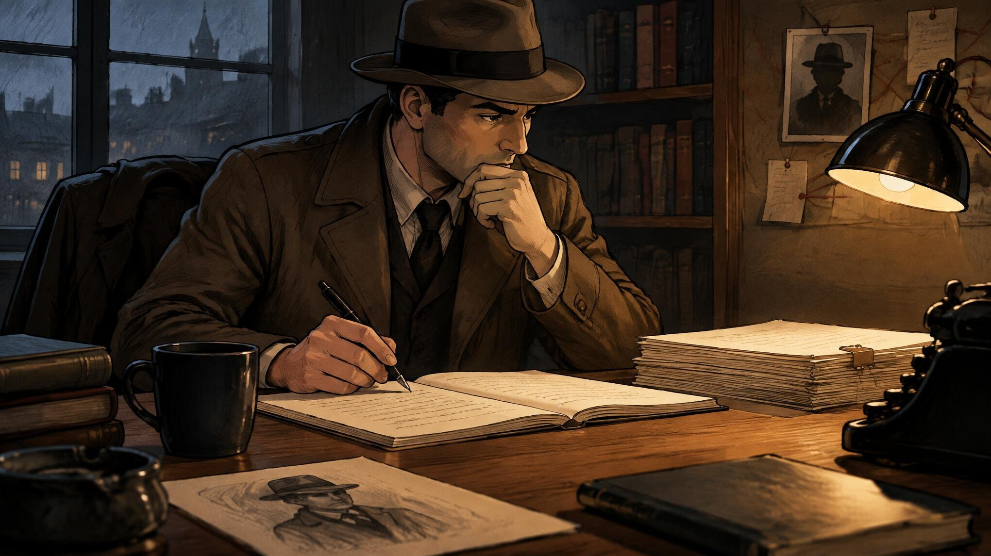 mystery author writing at desk