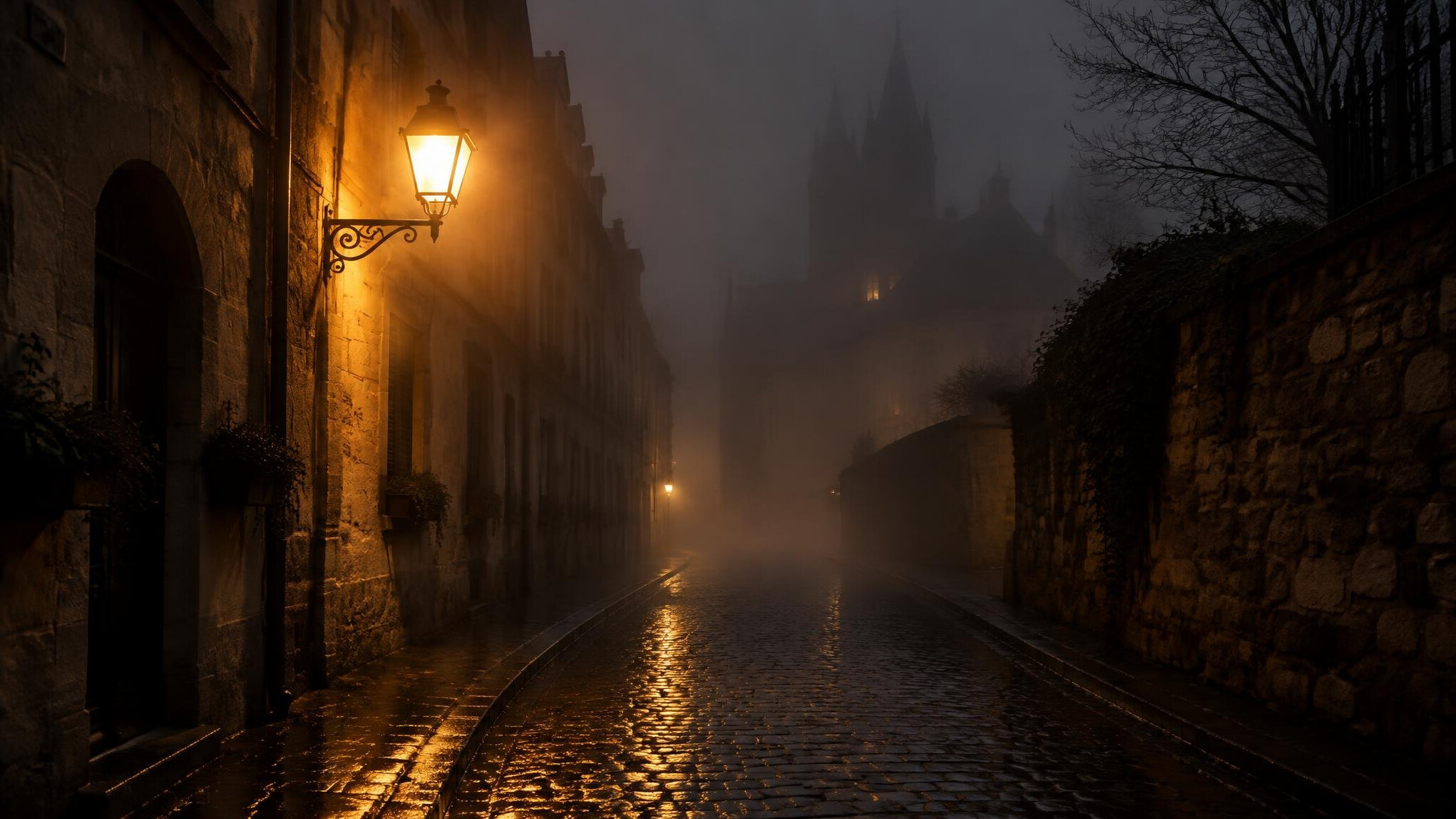 Foggy cobblestone street at night lit by a single street lamp