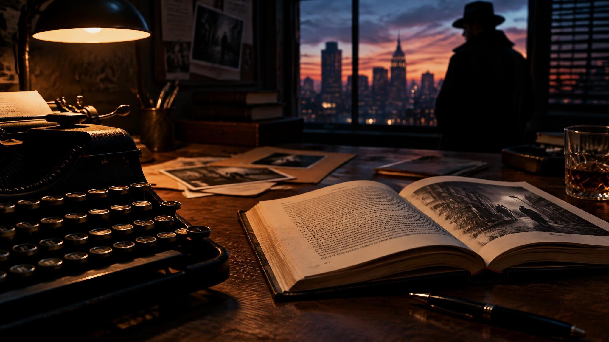 mystery writer desk at dusk