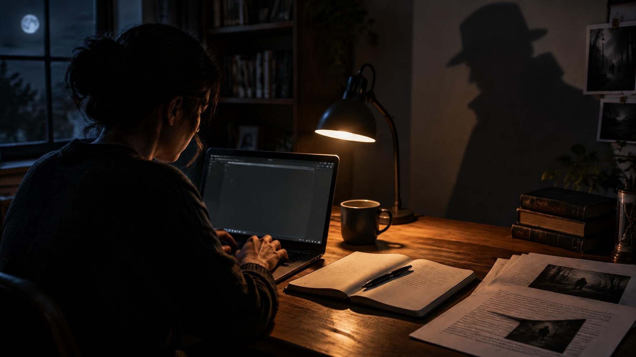 writer typing on laptop at night
